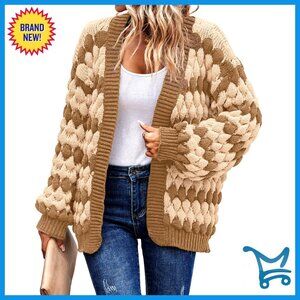 Chunky Knit Cardigan Lantern Sleeve Open Front Loose Fit Winter Sweater